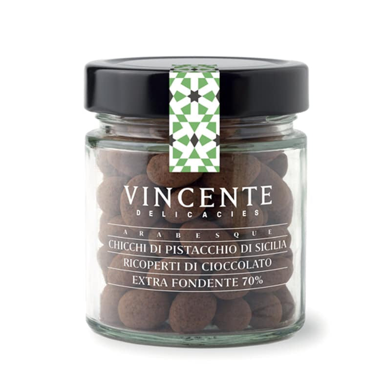 Chicchi di pistacchio di Sicilia ricoperti di cioccolato extra fondente 70%